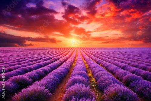 Stunning sunrise over a lavender field with blooming violet plants and a backdrop of purple flowers. Generative AI