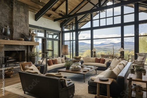 Breathtaking living room in lavish home with high ceilings, wooden beams, fireplace, and classy decor. Expansive windows showcase nature and sky. Generative AI © Quintin