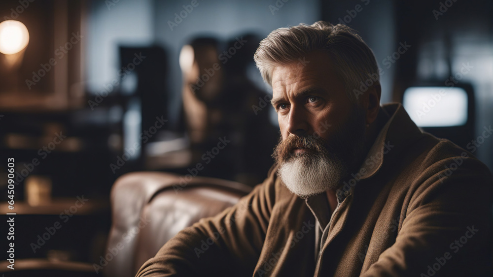 An elderly bearded man with gray hair looks thoughtfully and attentively. Close-up emotional portrait of an old man. An elderly bearded man with gray hair looks thoughtfully and attentively. Close-up emotional portrait of an old man.