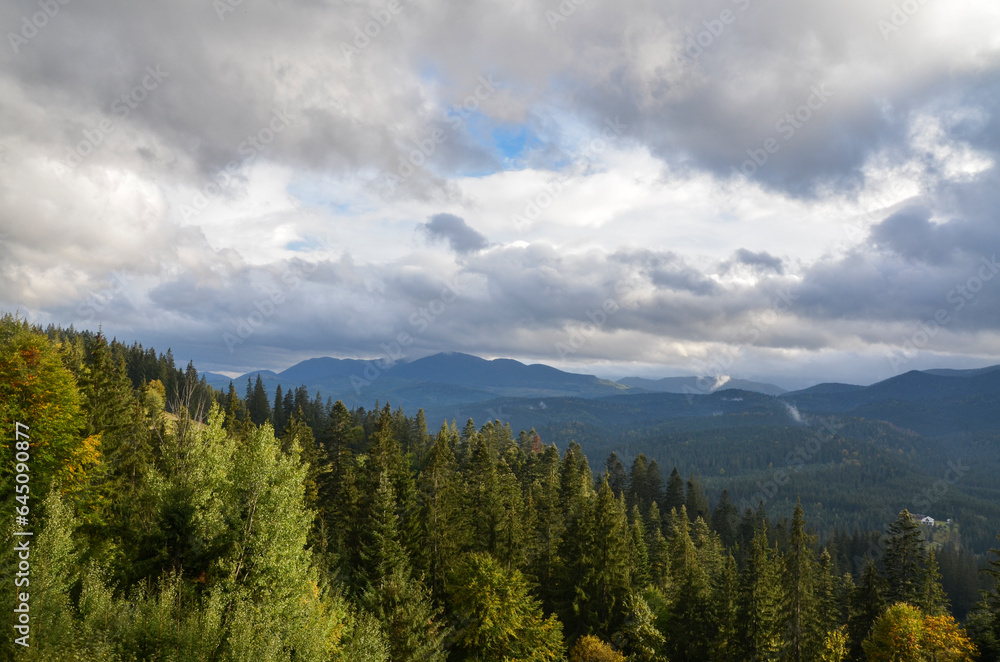Panoramic view of trees on the slope and mountain range on the distance against cloudy sky. Carpathian Mountains, Ukraine 