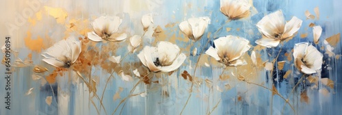 White roses flowers on abstract blue background in oil painting style, wall art poster