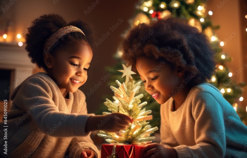 Happy small adorable african american child girl decorating Christmas tree with happy young mother, putting toys on branches, enjoying preparing for New Year celebration at home, miracle time concept Happy small adorable african american child girl decorating Christmas tree with happy young mother, putting toys on branches, enjoying preparing for New Year celebration at home, miracle time concept
