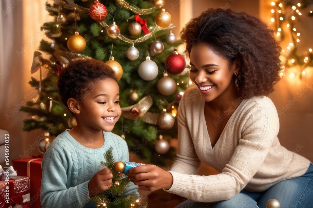cheerful dreamy adorable african american beautiful woman decorating Christmas tree with happy Nephew, putting toys on branches, enjoying preparing for New Year celebration home, miracle time concept cheerful dreamy adorable african american beautiful woman decorating Christmas tree with happy Nephew, putting toys on branches, enjoying preparing for New Year celebration home, miracle time concept