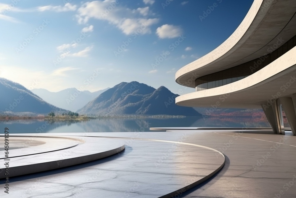 Modern building with abstract architecture, empty parking, concrete wall, mountain and blue sky lake view. 3D rendering background for car scene. Generative AI