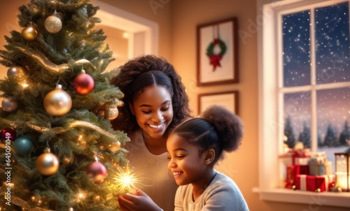 cheerful dreamy adorable african american beautiful girl decorating Christmas tree with happy mother, putting toys on branches, enjoying preparing for New Year celebration home, miracle time concept
