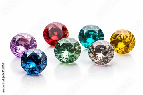 Colorful round cut diamonds viewed from side  isolated on white background. Generative AI