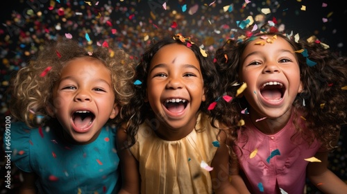 Adorable little children celebrating, falling confetti. Generative AI