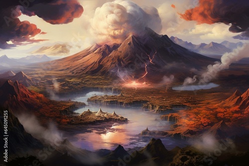 Bird's-eye perspective of a volcano overlooking a lake and surrounded by cloudy mountains. Generative AI