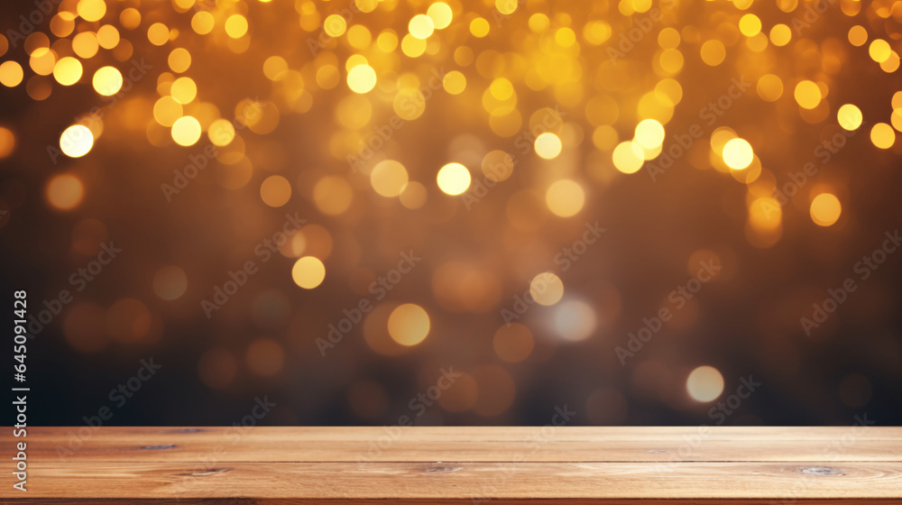 Empty wooden table with abstract bokeh lights yellow background For product display