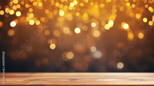 Empty wooden table with abstract bokeh lights yellow background For product display