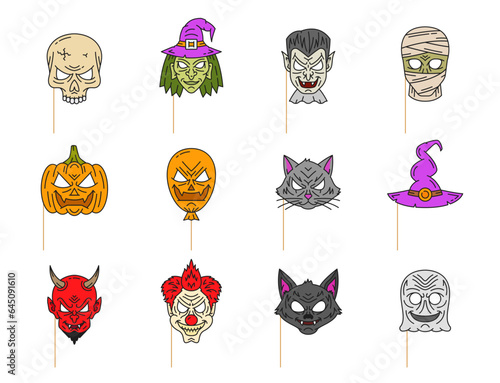 Line art halloween photo booth mask props. Isolated vector linear skull, witch, vampire and mummy. Pumpkin face, jack lantern balloon, black cat and wizard hat. Devil, sinister clown, werewolf, ghost