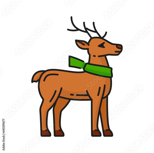 Christmas holy deer in green scarf isolated line icon. Vector retro reindeer New Year holidays symbol  festive Xmas animal