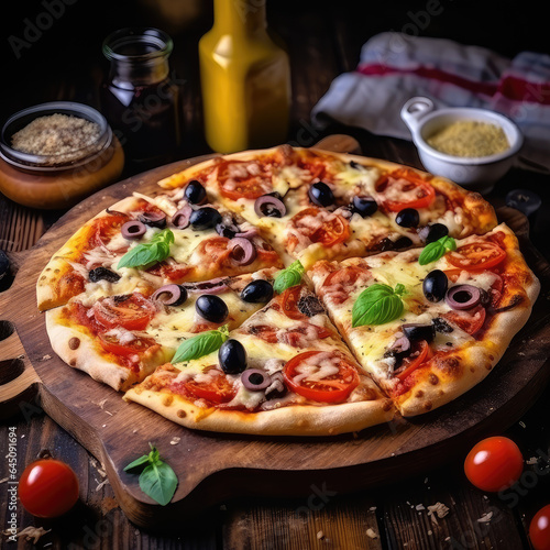 Shawarma pizza with mozzarella cheese, baked on a wood-burning oven, with tomato sauce, cheese, shawarma and black olives, on a wooden background, AI Generated