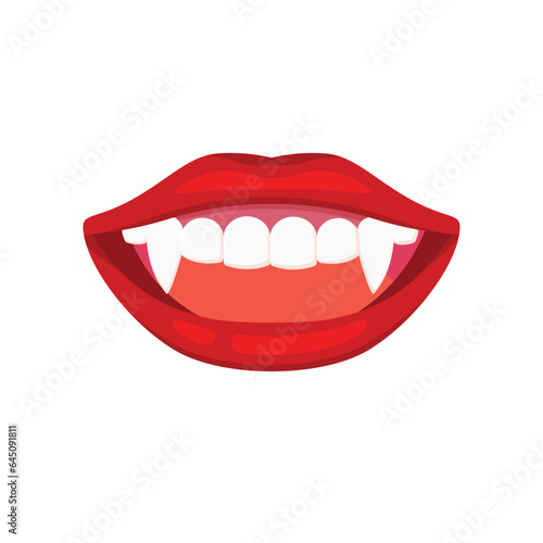Open red mouth vampire teeth with fangs for Halloween. Vector illustration isolated on white background.
