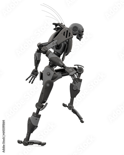 skeleton robot is marching white background side view