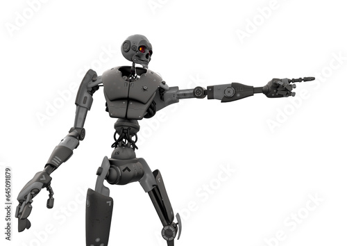 skeleton robot is pointing the way in white background
