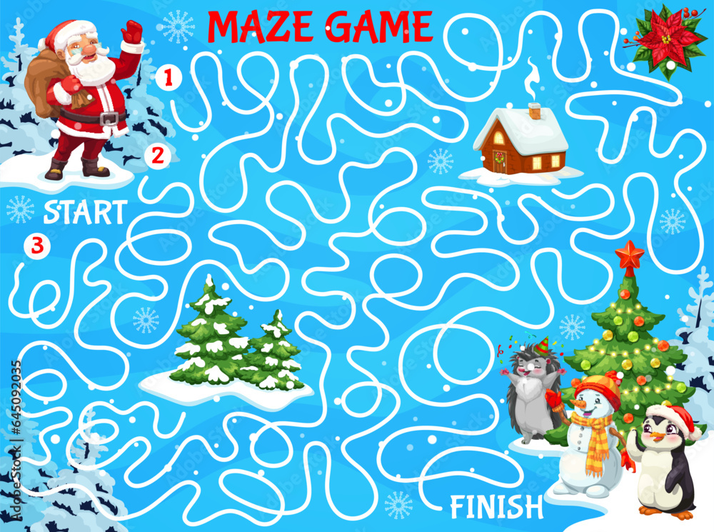 Christmas labyrinth maze. Help to santa to find his animal friends. Search path kids riddle, labyrinth vector playing activity worksheet with Santa Claus, snowman, penguin and hedgehog cute personages Christmas labyrinth maze. Help to santa to find his animal friends. Search path kids riddle, labyrinth vector playing activity worksheet with Santa Claus, snowman, penguin and hedgehog cute personages