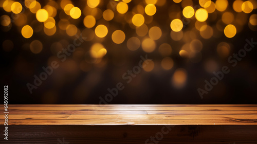 Empty wooden table with abstract bokeh yellow background For product display