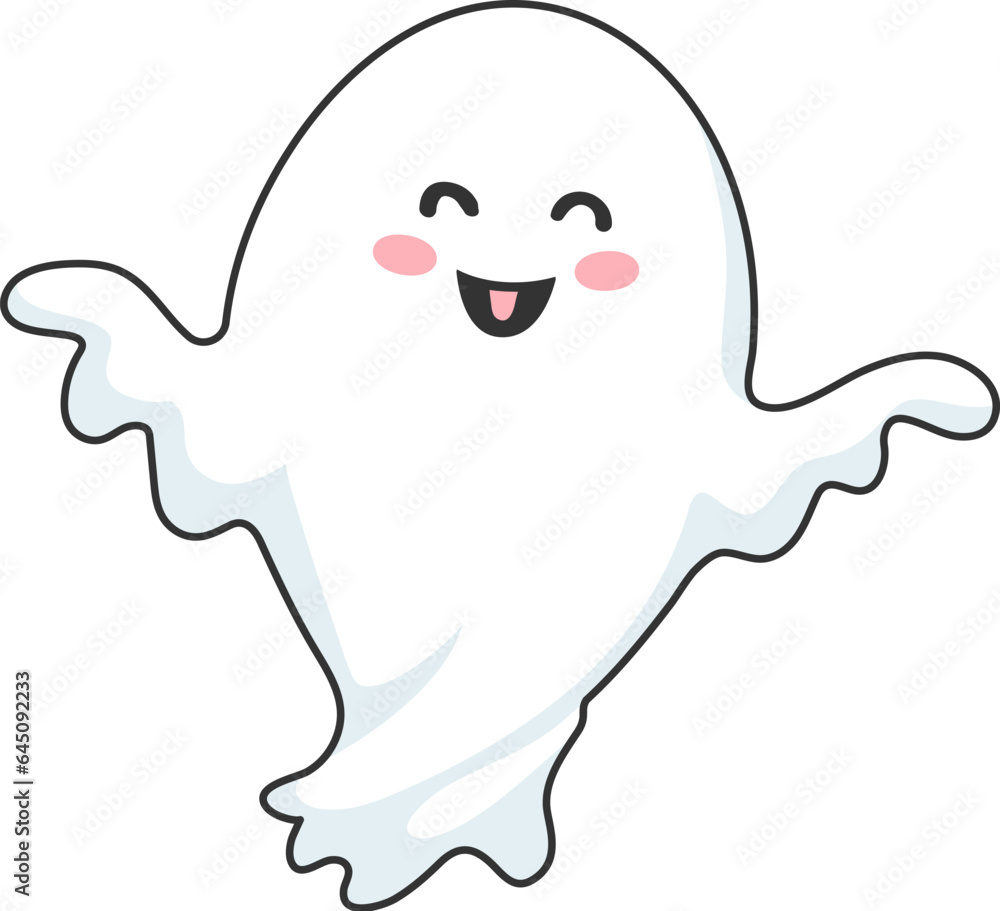 Cartoon kawaii Halloween ghost character with cheerful expression, and playful grin floating in the air. Isolated cute vector baby spook, white phantom personage captures festive spirit of the season