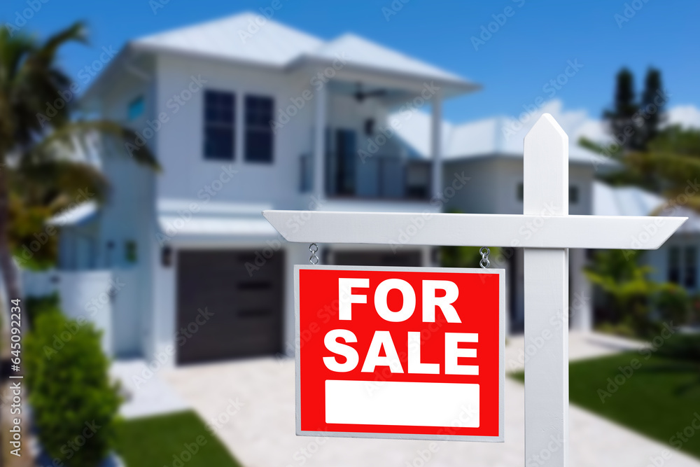 Home For Sale Real Estate Sign and Beautiful New House. Home For Sale Real Estate Sign and Beautiful New House.