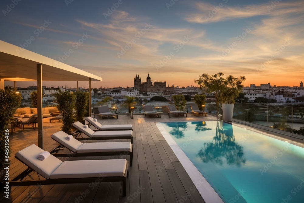 Breathtaking rooftop pool patio offering sweeping Seville vistas. Generative AI