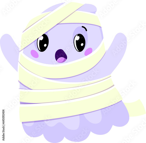 Cartoon cute Halloween kawaii ghost as mummy boo, vector funny character for horror holiday. Halloween night cute spooky ghost flying in mummy costume, cute kawaii poltergeist or baby boo character