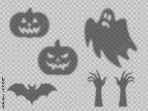 Halloween shadow overlay with pumpkin monsters, ghosts and and dead zombie hands, vector silhouette icons. Halloween holiday cartoon overlay shadows of scary pumpkin, flying boo poltergeist and bats