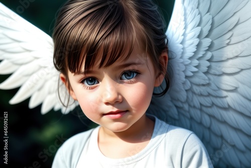 Portrait of a beautiful smiling angel girl in white dress. Small child with angel wings looking at camera, light shining around. Curly blonde with blue eyes. Angels day greeting card concept