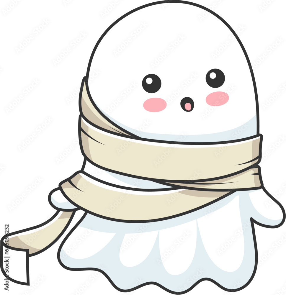 Cartoon kawaii Halloween ghost character donning a charming mummy costume wrapped in bandage, exuding a delightful mix of spookiness and cuteness. Adorable, cute vector baby spirit personage