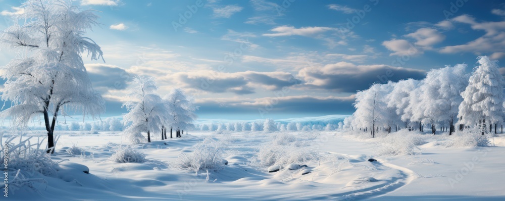 winter serene plain, snow-covered trees standing around. calm winter scene.