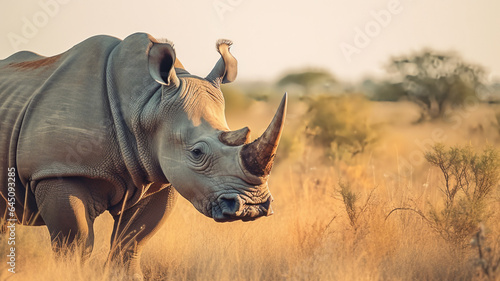 A majestic rhino grazing peacefully in the grassland, AI Generative. © Miry Haval