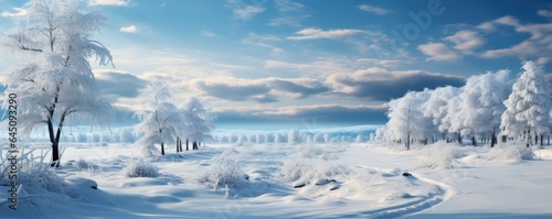 winter serene plain, snow-covered trees standing around. calm winter scene.