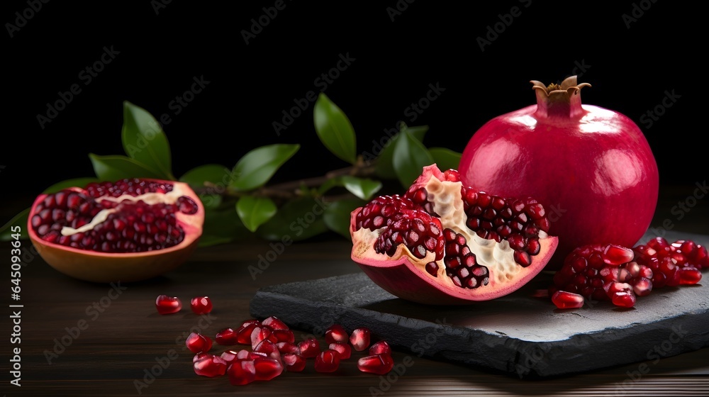 Close up organic pomegranates on a table. Summer bright rustic background.