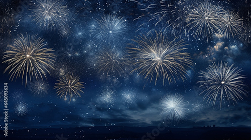 Silvester 2024 New year New Year's Eve Party background banner panorama long- firework fireworks on rustic dark blue night sky texture