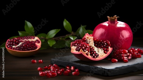 Close up organic pomegranates on a table. Summer bright rustic background.