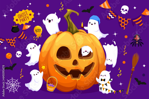 Halloween cartoon funny kawaii ghosts and pumpkin, horror holiday vector background. Halloween greeting card and trick or treat party poster with funny ghosts, scary pumpkin, spider and boo candy