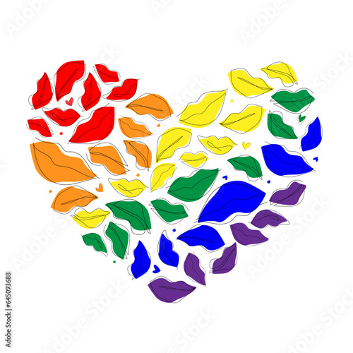 A heart in the colors of the rainbow LGBT flag, collected from prints of lips, kisses. Vector graphics.