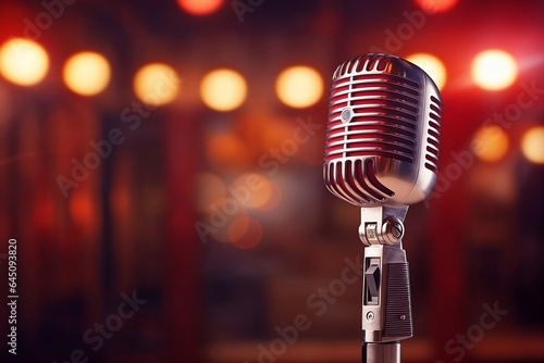 Vintage Microphone on Red Bokeh Stage