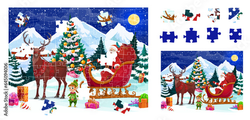 Christmas jigsaw puzzle game pieces. Cartoon Santa on holiday sleigh. Christmas puzzle quiz vector worksheet. New Year winter holiday or Xmas picture parts matching riddle with Santa delivering gifts