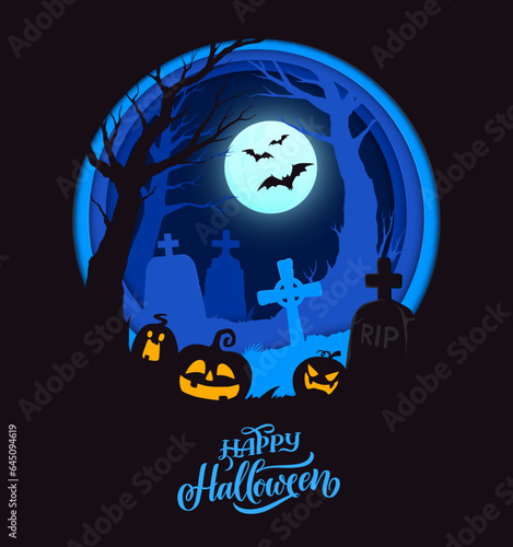 Halloween paper cut midnight cemetery silhouette with scary pumpkin lanterns, holiday vector poster. Happy Halloween greeting card with night moon and bats, RIP cross tombstones on paper cut graveyard