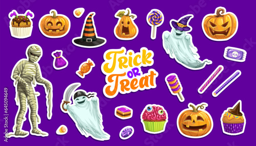 Halloween stickers of vector pumpkins, witch hat, spooky ghosts and mummy characters. Cartoon Halloween holiday trick or treat candies, cakes and lollipops, cupcakes with zombie monster brain and eyes