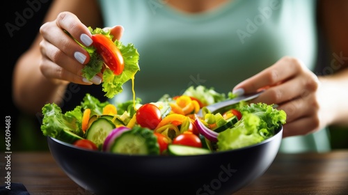 preparation of salad from fresh greens and vegetables