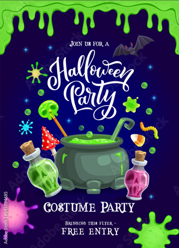 Halloween holiday party flyer with green slime, potion bottles and witch cauldron. Spooky trick or treat night event vector poster of cartoon bat and old pot with magic elixir, mushroom and candies