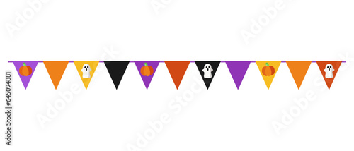 Halloween bunting pennants with ghosts and pumpkins. Garland with triangular flags.  Halloween design element. Isolated graphic template. Vector illustration.