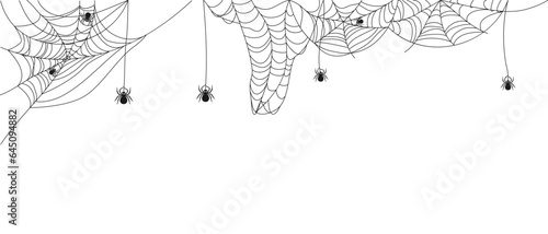 Hanging and corner spiderweb with spiders. Decor for Halloween celebration. Abstract texture of insect traps. Isolated graphic template. Vector illustration.