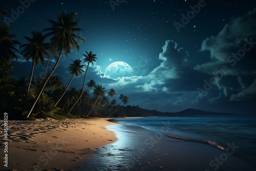 A beach with palm trees under a dazzling moonlit sky. Generative AI