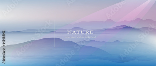 Nature. Mountains banner. Panoramic aerial view. Sunlight, mist, fog. Watercolor textured vector background.