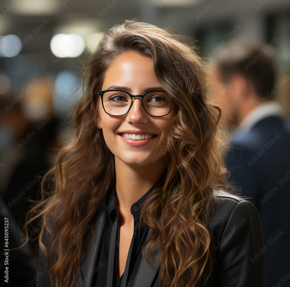 Happy young woman in business suit and glasses talking with coworker inside office Happy young woman in business suit and glasses talking with coworker inside office