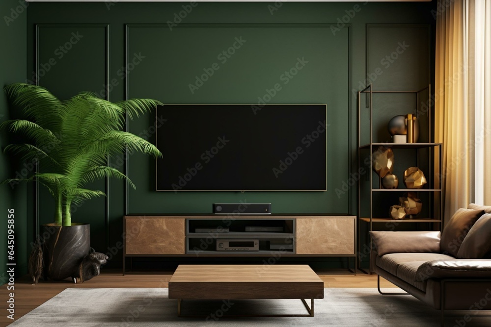 Contemporary living space with TV cabinet against a dark green wall ...