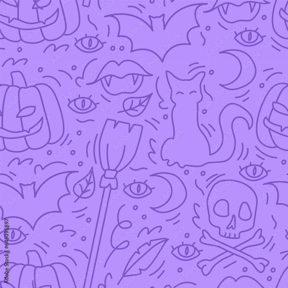 Seamless purple Halloween pattern. Pumpkin, cat, skull, moon. Seamless purple Halloween pattern. Pumpkin, cat, skull, moon.
